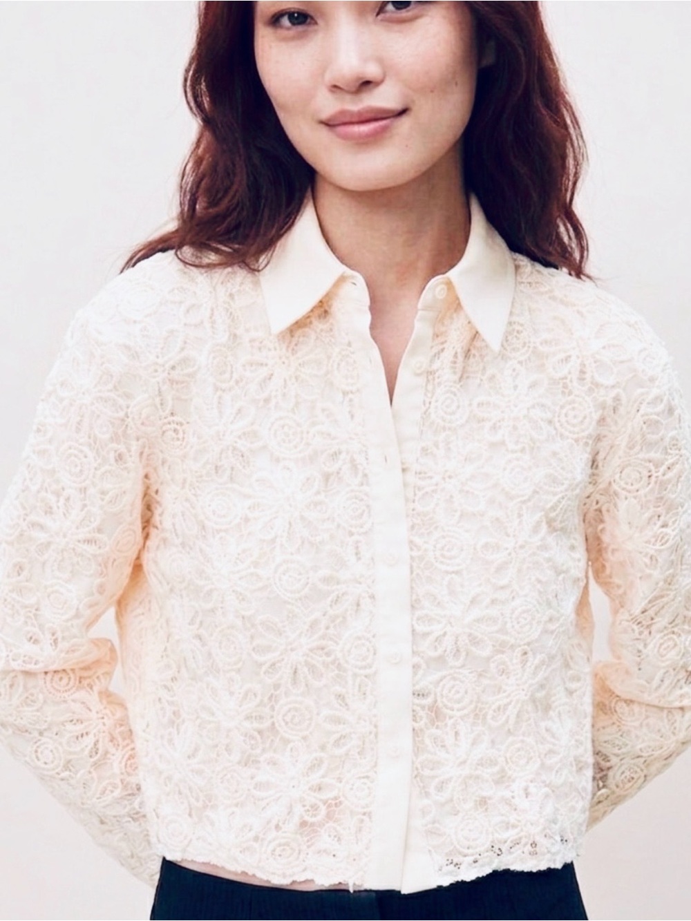 Zara Floral Lace Cropped Button Up Shirt Jacket Cream Size S Romantic Coquette